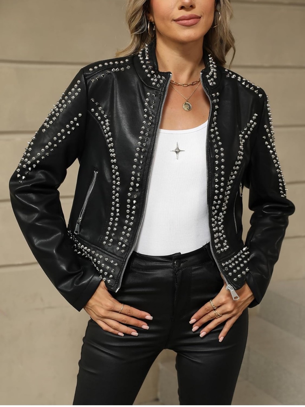 Studded Black Moto Jacket blazer Women's Faux Leather Biker Coat - Picture 3 of 7